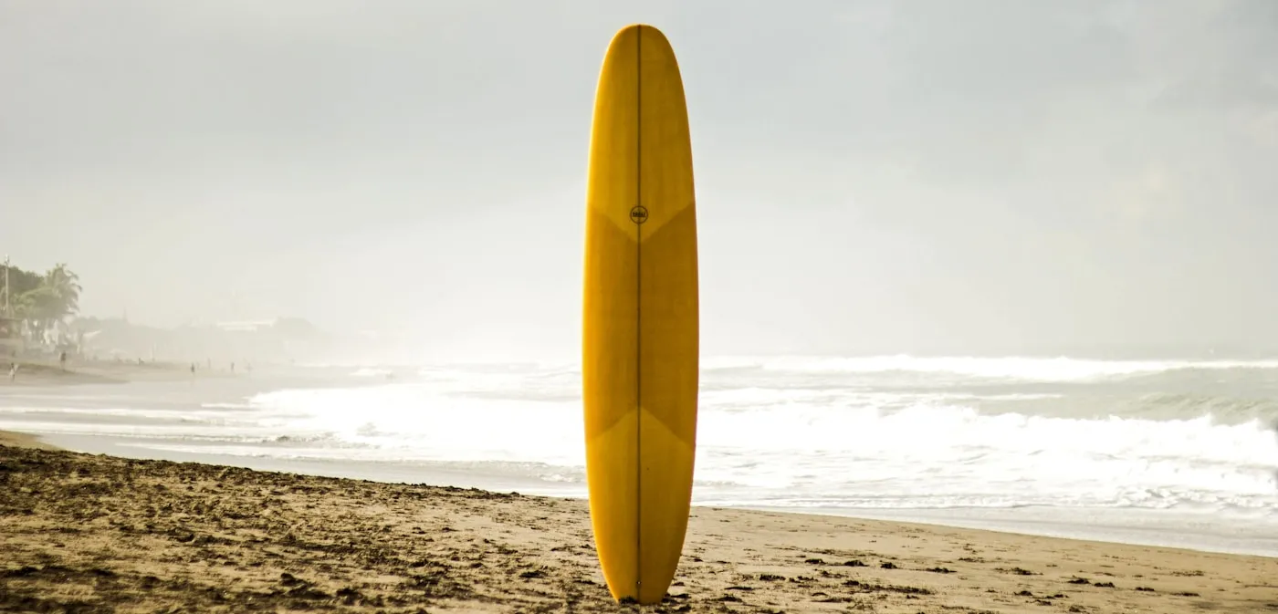 A weathered single-fin resting against a fence